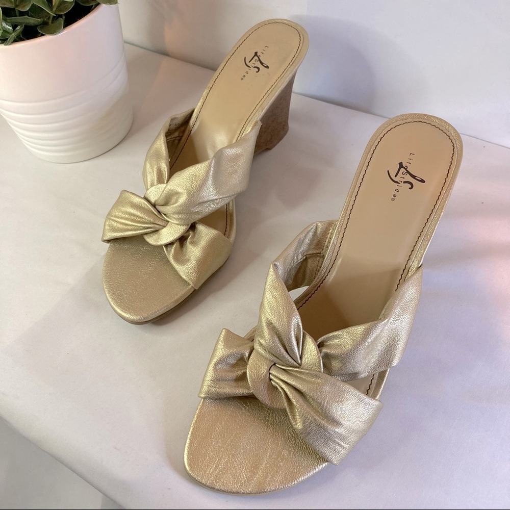 Gold Knotted Crisscross Sandal Curved Wedged Heels - Montego Bay Club
